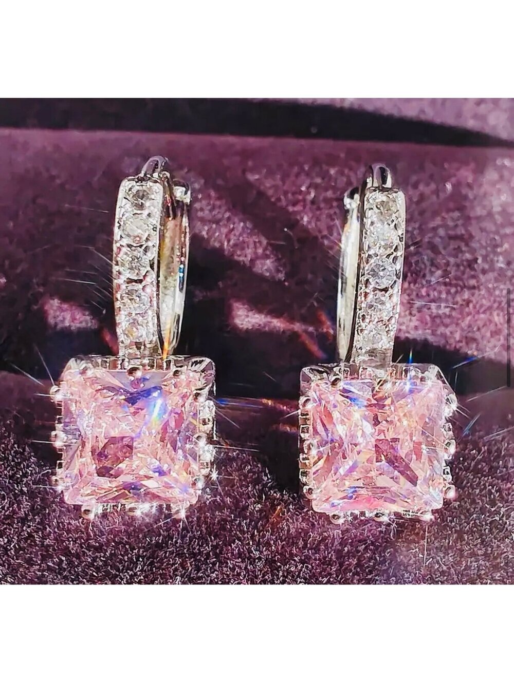 New - Gorgeous Princess Cut Pink Zircon Earrings